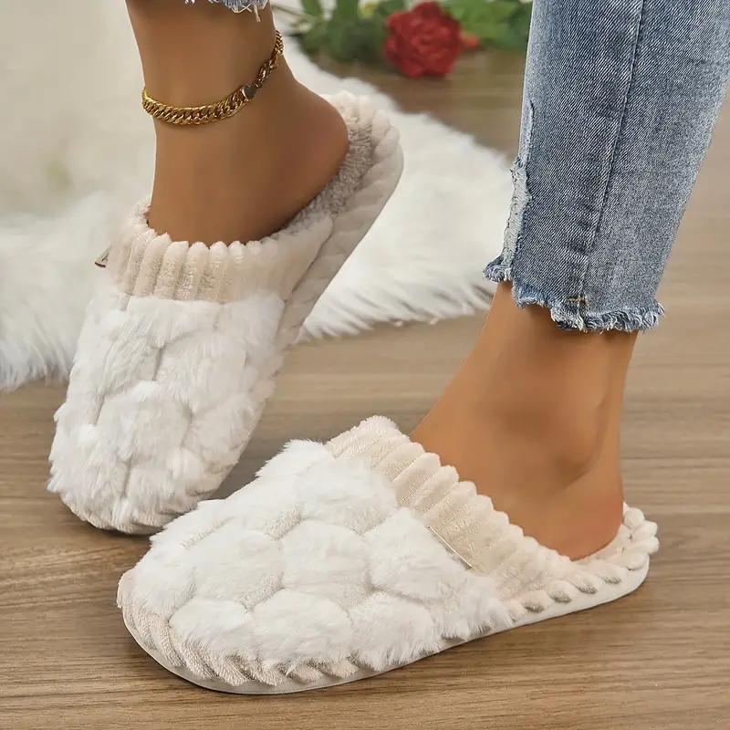 Women's simple plaid plush slippers, casual soft and comfortable home slippers, autumn and winter indoor and outdoor warm slippers, soft and fluffy slippers