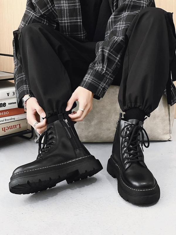 1 Pair Men's Simple Style Plain Color Lace Up Combat Boots, Casual Trendy Minimalist Combat Boots, Fashionable Combat Boots For Daily Wear