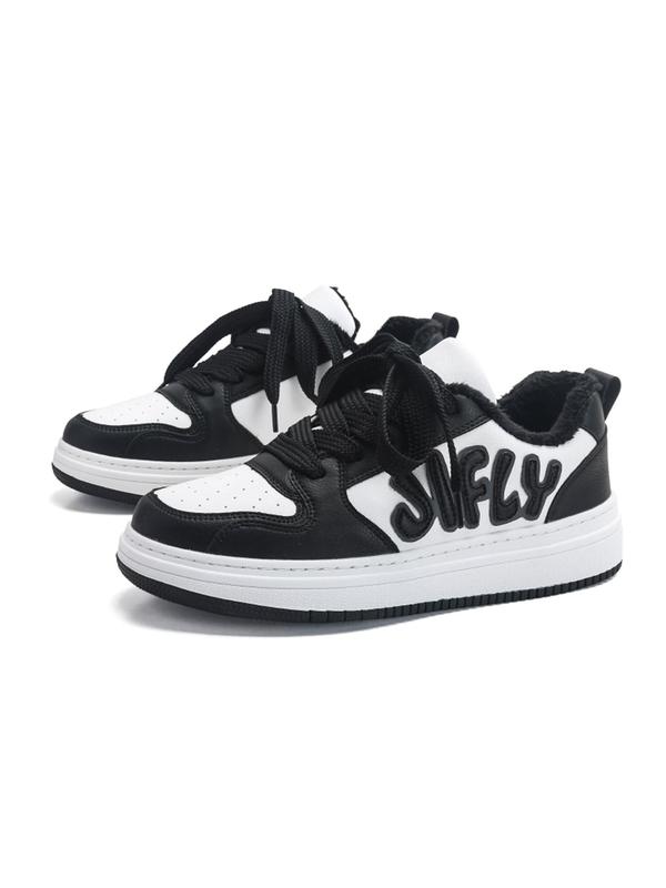 Unisex's Letter Pattern Lace Up Low Top Plush Lined Sneakers, Casual Sporty Patchwork Design Skate Shoes, Trendy All-match Sneakers for Daily Wear