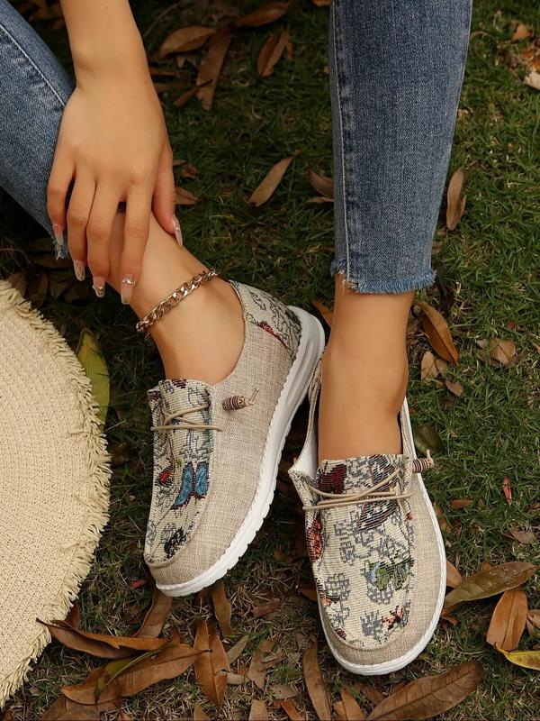 Women's Butterfly Embroidery Slip on Loafers, Casual Comfortable Fabric Boat Shoes, Female All-match Round Toe Shoes for Daily Wear