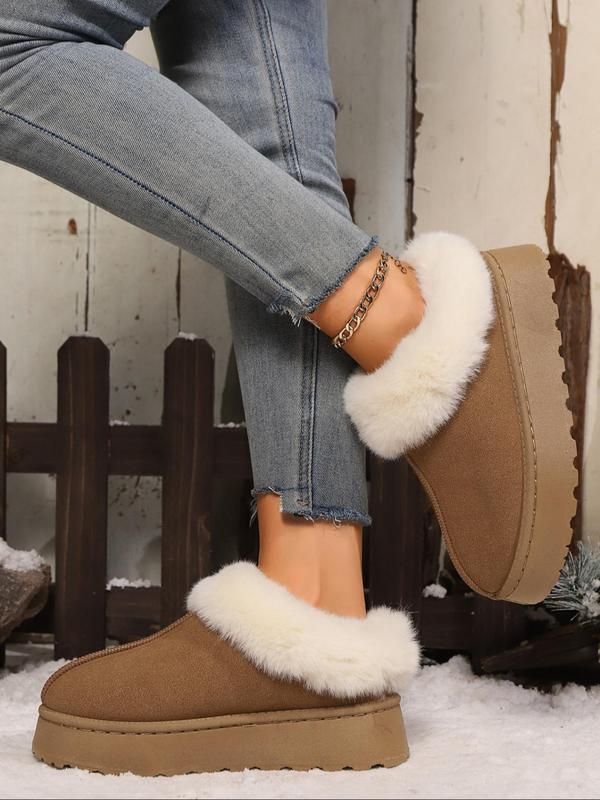 Women's Solid Color Faux Fur Lined Slip on Snow Boots, Casual Comfortable Ankle Boots for Fall & Winter, Fluffy Winter Shoes for Indoor & Outdoor