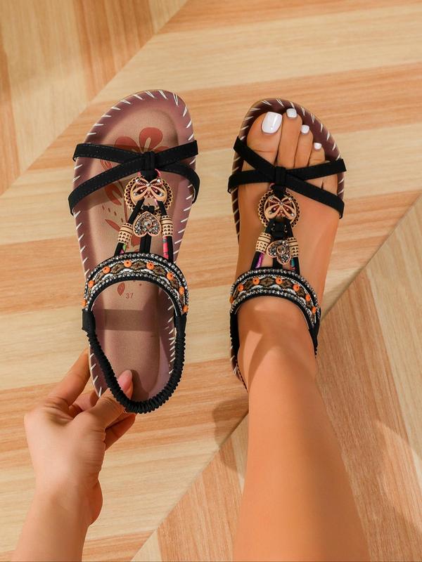 Women's Boho Casual Ethnic Style Slip on Flat Sandals Back To School, 2024 New Style Trendy Open Toe Sandals for Women and Girls, Fashionable Sandals for Summer Beach Vacation Birthday Gifts