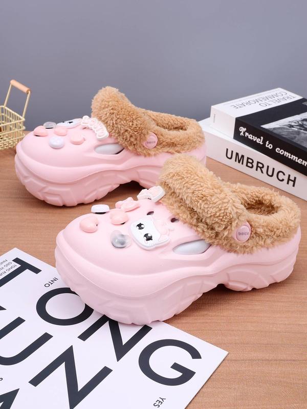 Women's Cute Cartoon Cat Decor Plush Clogs, Casual Soft Comfortable Home Slippers, Warm Slippers for Indoor & Outdoor Use for Fall & Winter