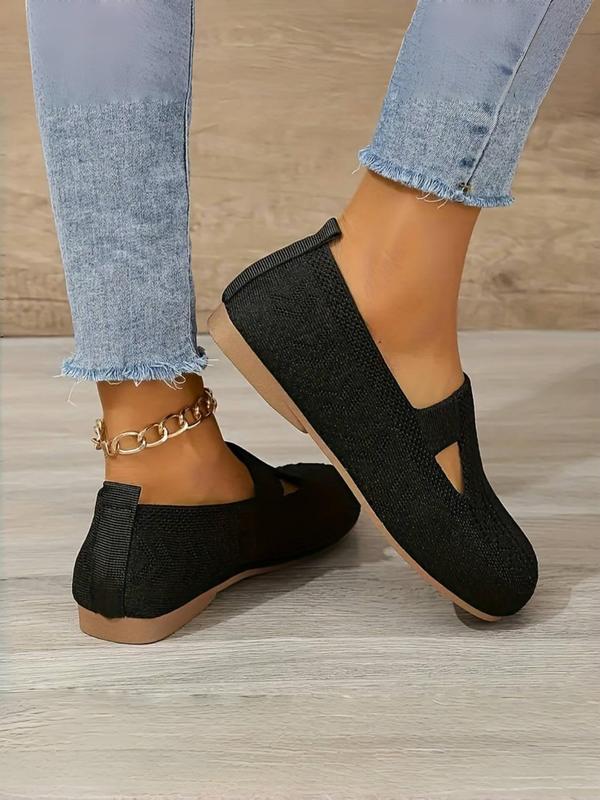 Women's Solid Color Slip-on Flat Shoes, Breathable Hollow Out Design Knit Shoes, Casual Comfortable & Soft Walking Shoes for Daily Wear