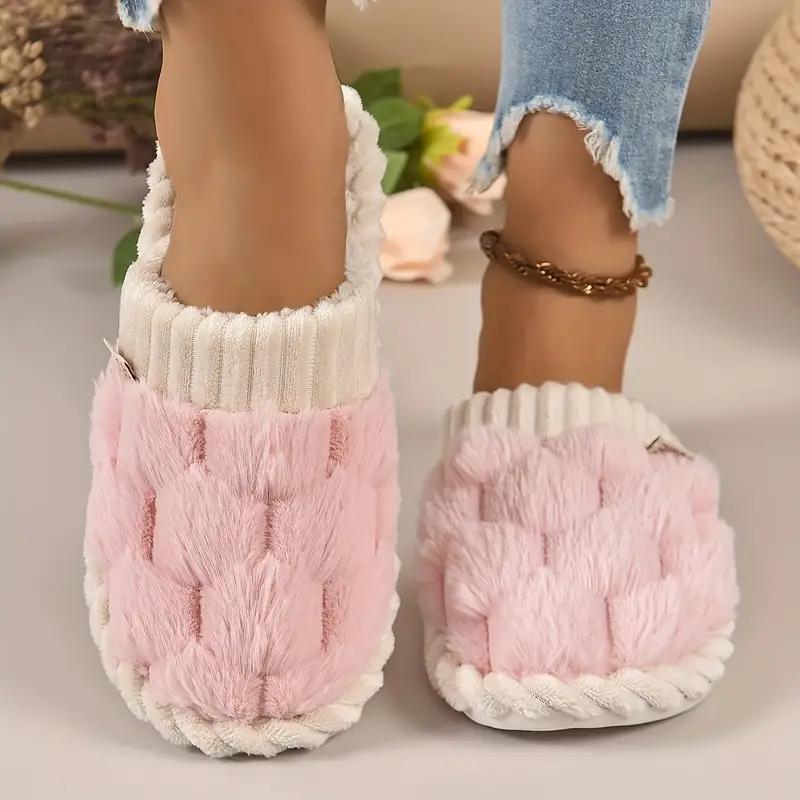 Women's simple plaid plush slippers, casual soft and comfortable home slippers, autumn and winter indoor and outdoor warm slippers, soft and fluffy slippers