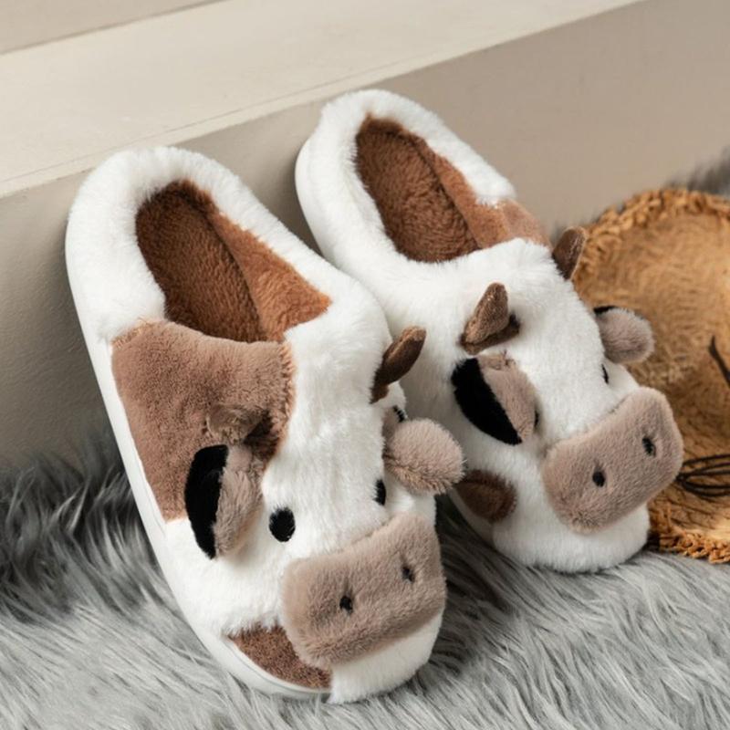 Cozy Cotton Cow Slippers for Women Winter Indoor Outdoor Slippers for Women Cute Animal Bedroom Shoes