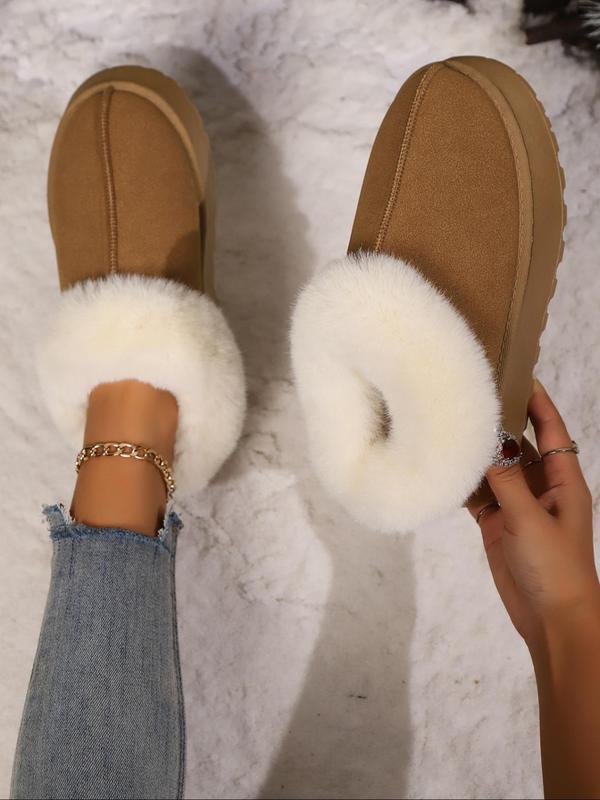 Women's Solid Color Faux Fur Lined Slip on Snow Boots, Casual Comfortable Ankle Boots for Fall & Winter, Fluffy Winter Shoes for Indoor & Outdoor