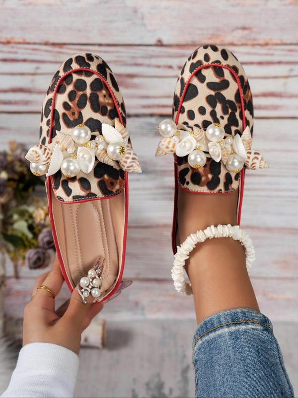 Fashion Leopard Print Faux Pearl Decorated Loafers, Casual Comfortable Round Toe Slip on Shoes for Daily Wear, Female All-match Shoes for Spring & Fall