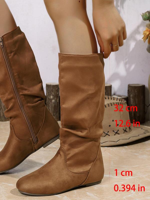 Women's 1 Pair Solid Color Pleated Design Mid-Calf Boots, Fashionable Warm Boots For Fall & Winter, Girl's Boots For Daily Wear