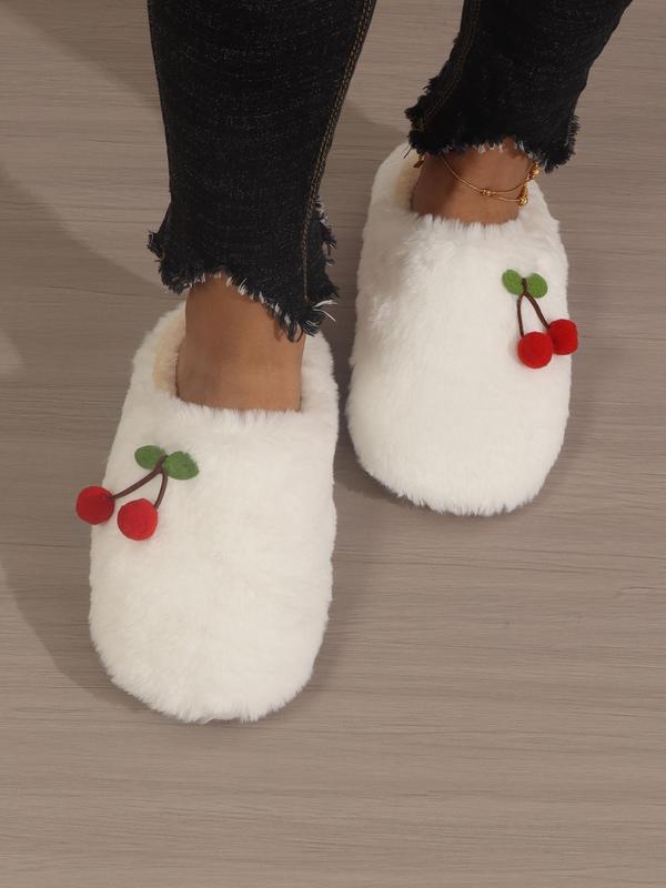 Women's Cute Cherry Design Plush Slippers, Fashion Fluffy Soft and Comfortable Bedroom Slippers for Fall & Winter, Casual Round Toe Indoor Warm Slippers, Outdoor Walking Shoes for Daily Wear