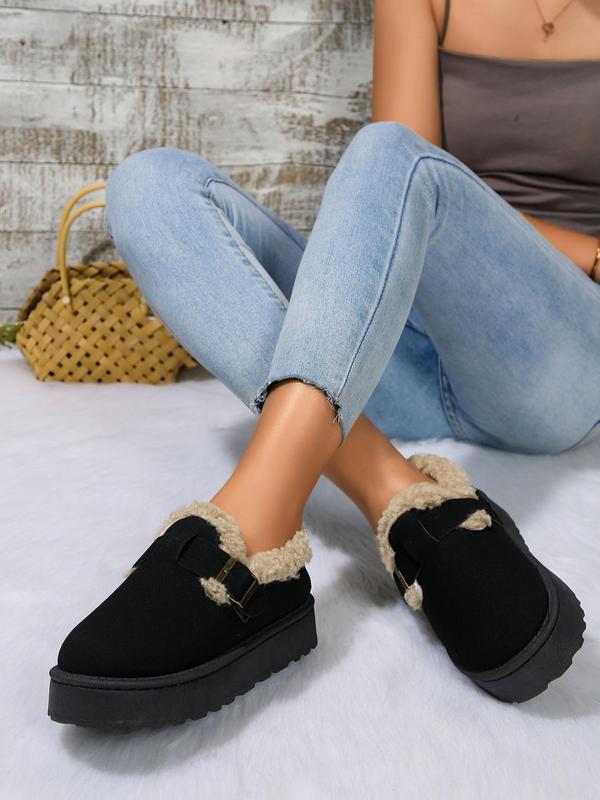 Women's Solid Color Fluffy Lined Warm Platform Shoes, Casual Round Toe Buckle Design Platform Shoes for Winter, Female All-match Trendy Shoes for Daily Wear