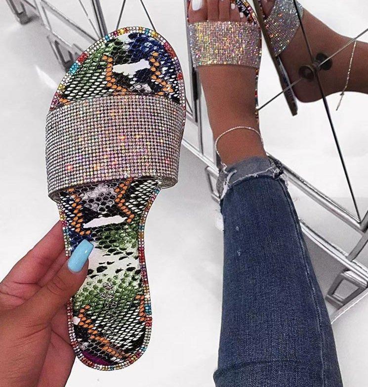 Women's Tactical Rhinestone Glitter Sandals Slip on Sandals Open Toe Girl Sparkle Slides Beach Rain Shoes Sandals Footwear Summer Walking shoes