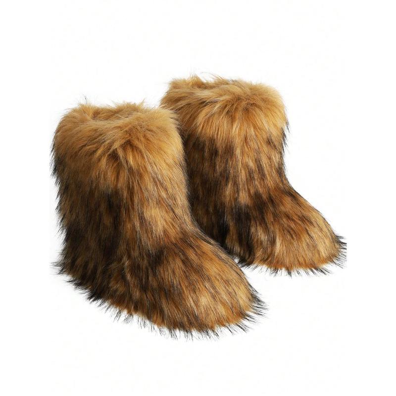 Women's Winter Trendy Furry Snow Boots Fuzzy Fluffy Round Toe Suede Booties Flat Heel Slip On Outdoor Indoor Shoes Fashion Warm Fluffy Shoes