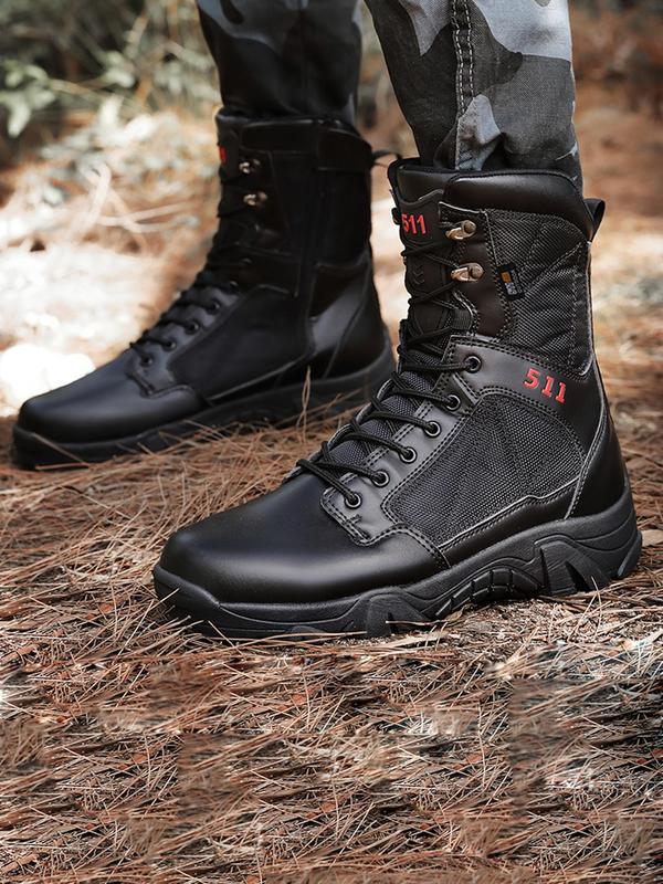 Men's Military Tactical High Top Work Boots, Casual Hiking Motorcycle Combat Boots, Fashionable  Lace Up Decor Side Zip Boots for Daily Wear