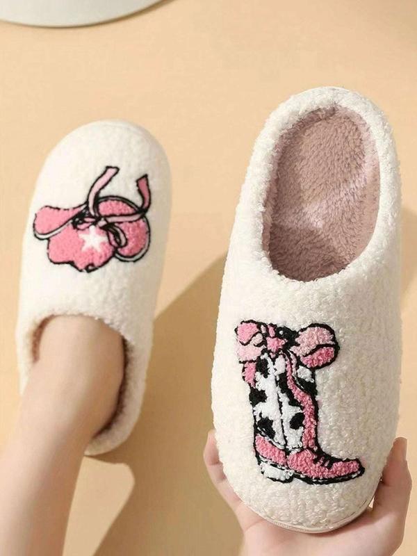 Women's Cute Hat Embroidered Design Plush Slippers, Casual Soft Comfortable Home Slippers, Warm Slippers for Indoor & Outdoor Use for Fall & Winter