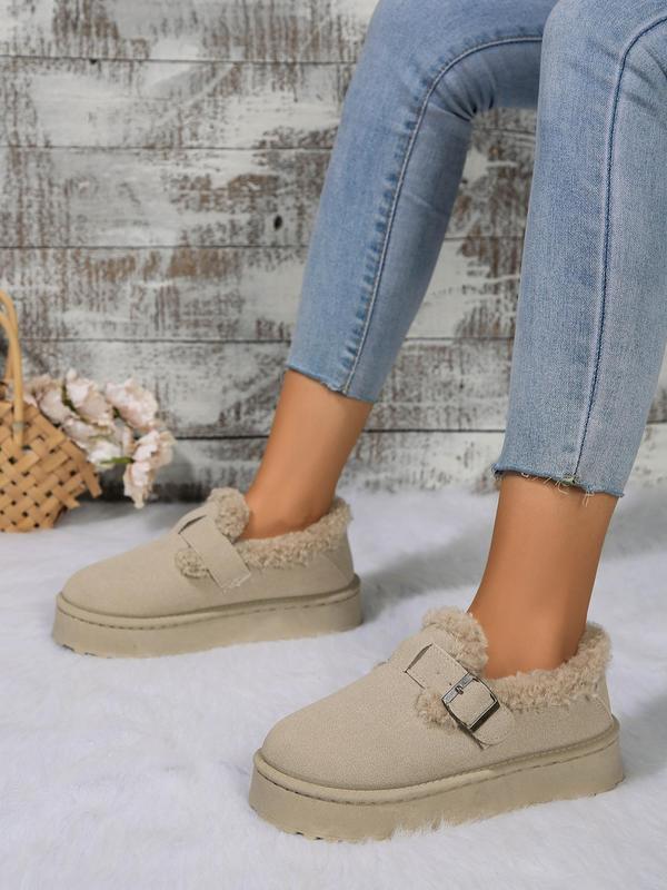 Women's Solid Color Fluffy Lined Warm Platform Shoes, Casual Round Toe Buckle Design Platform Shoes for Winter, Female All-match Trendy Shoes for Daily Wear