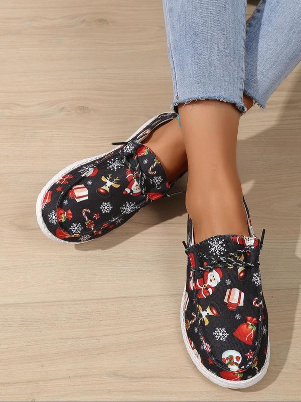 Women's Christmas Print Slip on Canvas Shoes, Casual Comfortable Low Top Shoes for Daily Wear, Female All-match Round Toe Shoes for Daily Wear