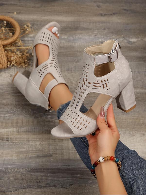 Women's Summer 2024 Fashionable Solid Color Hollowed-out Zipper High Heel Sandals, Peep Toe Sandals Chunky Heel, Ankle Strap Pumps Shoes Popular Summer Sandals for Party & Back To School