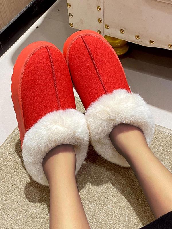 Women's Solid Color Fluffy Lined Slip on Snow Boots, 2024 Casual Soft Comfortable Non-slip Low Top Home House Slippers, Warm Shoes for Indoor & Outdoor Wear Fluffy Slippers