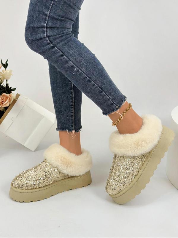 Women's Fashionable Sequin Decorated Platform Slippers, Casual Soft Comfortable Home Slippers, Warm Slippers for Indoor & Outdoor Use for Fall & Winter