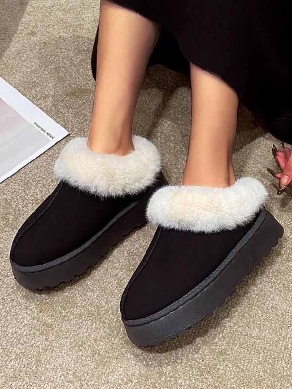 Women's Solid Color Fluffy Lined Slip on Snow Boots, 2024 Casual Soft Comfortable Non-slip Low Top Home House Slippers, Warm Shoes for Indoor & Outdoor Wear Fluffy Slippers