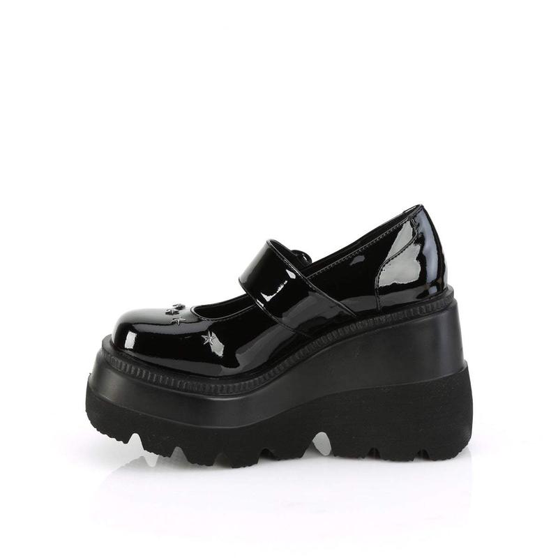 Demonia Shaker-23 Black Patent Platforms