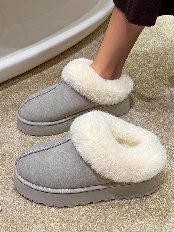 Women's Solid Color Fluffy Lined Slip on Snow Boots, 2024 Casual Soft Comfortable Non-slip Low Top Home House Slippers, Warm Shoes for Indoor & Outdoor Wear Fluffy Slippers