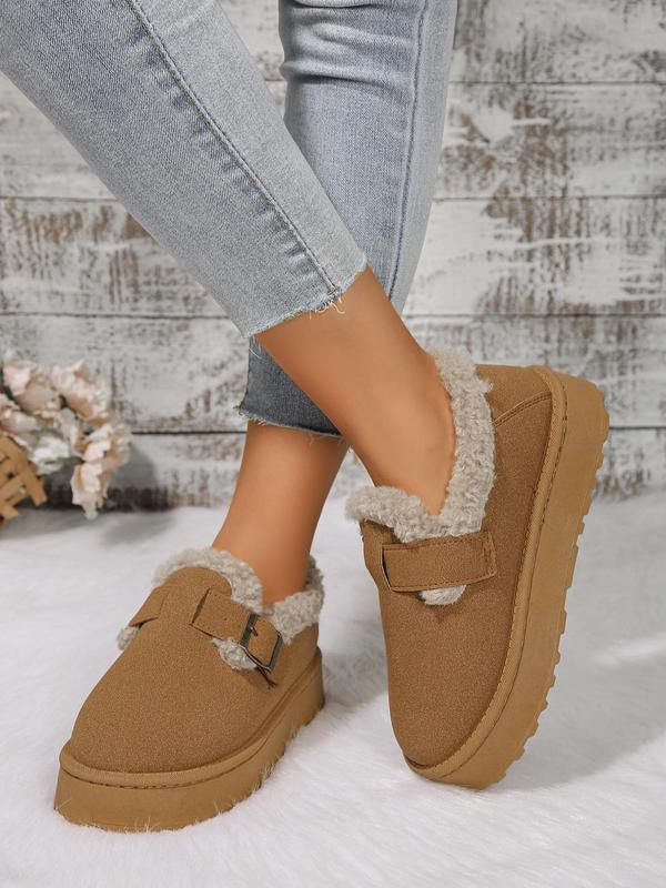 Women's Solid Color Fluffy Lined Warm Platform Shoes, Casual Round Toe Buckle Design Platform Shoes for Winter, Female All-match Trendy Shoes for Daily Wear