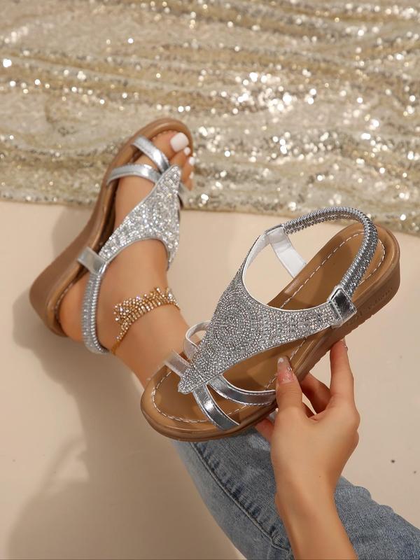 Women's Fashion Rhinestone Decor Hollow Out Design Slip on Wedges Sandals, Casual and Versatile Sandals, Summer Beach Designer Sandals