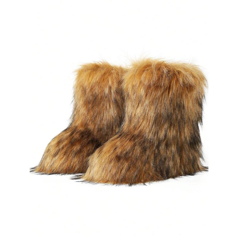 Women's Winter Trendy Furry Snow Boots Fuzzy Fluffy Round Toe Suede Booties Flat Heel Slip On Outdoor Indoor Shoes Fashion Warm Fluffy Shoes