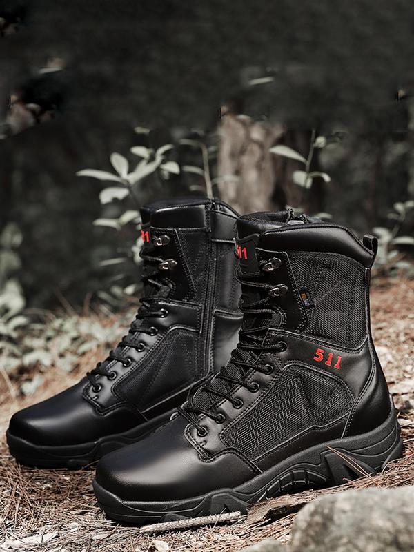 Men's Military Tactical High Top Work Boots, Casual Hiking Motorcycle Combat Boots, Fashionable  Lace Up Decor Side Zip Boots for Daily Wear