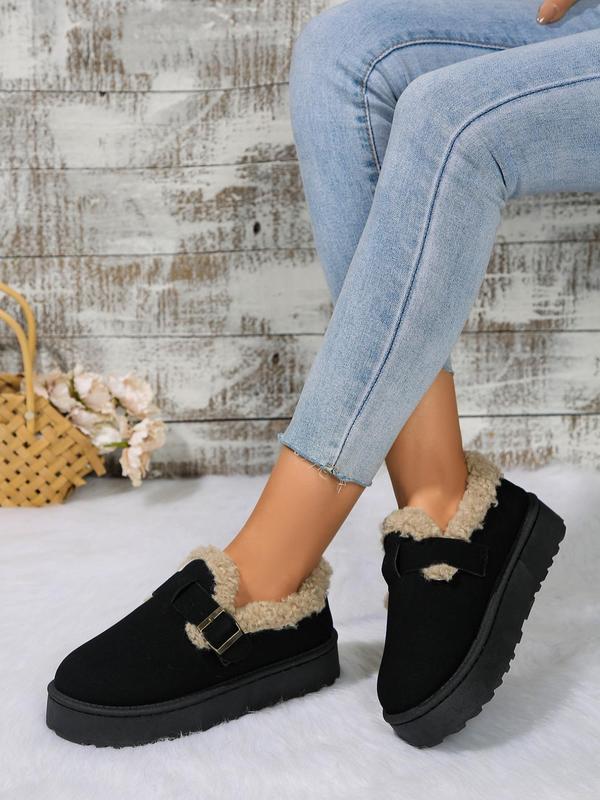 Women's Solid Color Fluffy Lined Warm Platform Shoes, Casual Round Toe Buckle Design Platform Shoes for Winter, Female All-match Trendy Shoes for Daily Wear