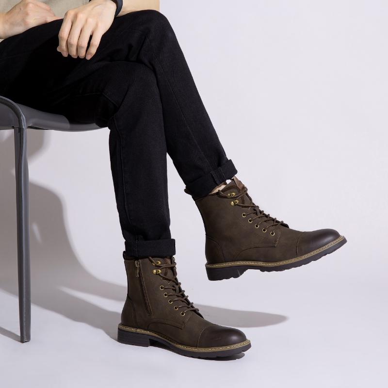 Men's Solid Cap Toe Dress Boots With PU Leather Uppers, Wear-resistant Non Slip Lace-up High Top Boots For Men's Outdoor Activities Boy Walking Shoes