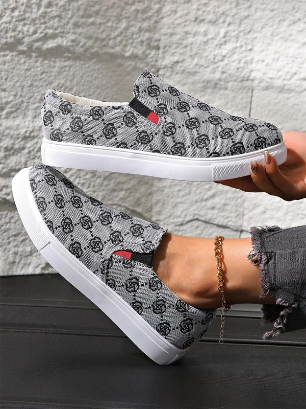 Women's Fashionable All Over Print Slip on Canvas Sneakers, 2024 New Style Casual Comfortable Breathable Low Top Shoes, Female All-match Round Toe Shoes for Daily Wear