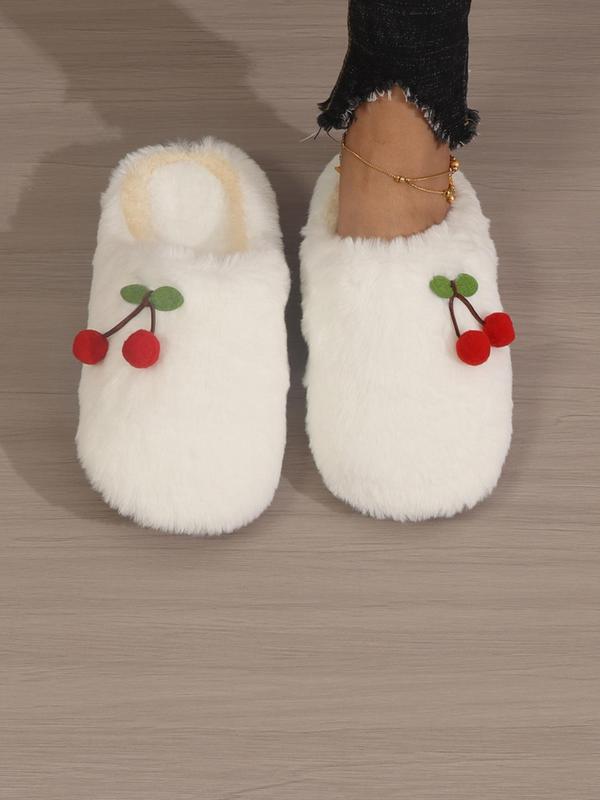 Women's Cute Cherry Design Plush Slippers, Fashion Fluffy Soft and Comfortable Bedroom Slippers for Fall & Winter, Casual Round Toe Indoor Warm Slippers, Outdoor Walking Shoes for Daily Wear