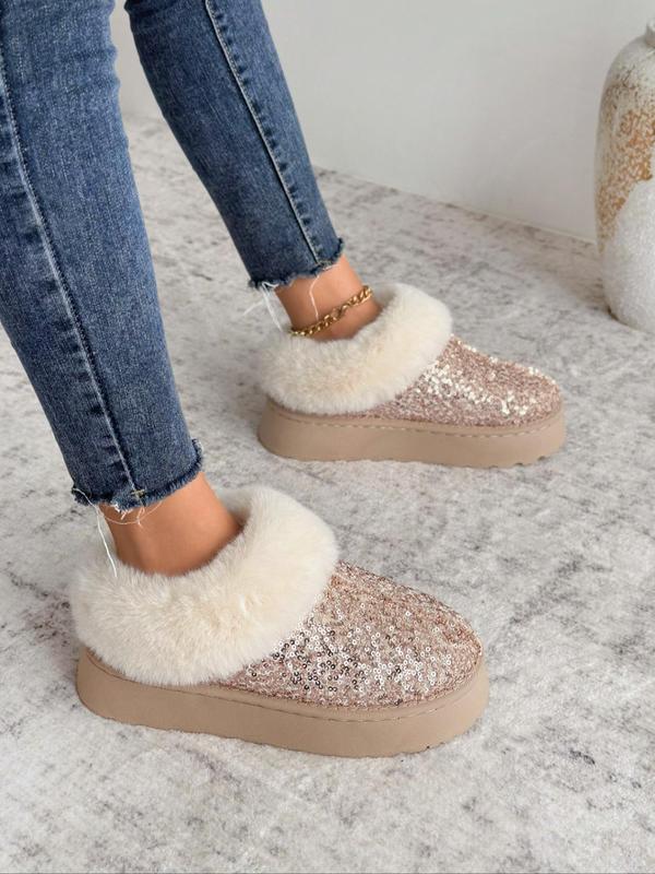 Women's Fashionable Sequin Decorated Platform Slippers, Casual Soft Comfortable Home Slippers, Warm Slippers for Indoor & Outdoor Use for Fall & Winter