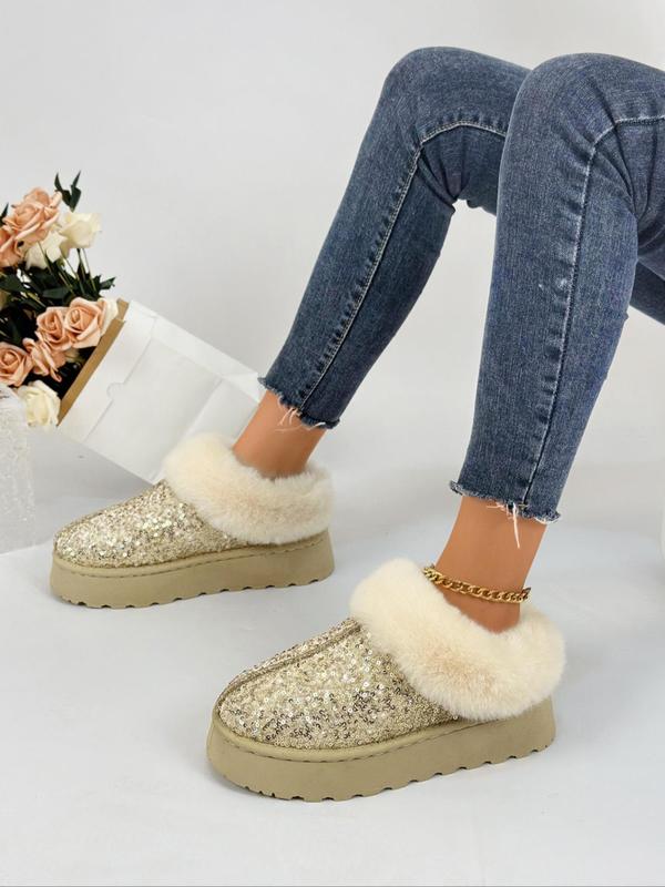 Women's Fashionable Sequin Decorated Platform Slippers, Casual Soft Comfortable Home Slippers, Warm Slippers for Indoor & Outdoor Use for Fall & Winter