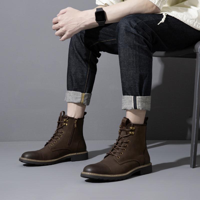 Men's Solid Cap Toe Dress Boots With PU Leather Uppers, Wear-resistant Non Slip Lace-up High Top Boots For Men's Outdoor Activities Boy Walking Shoes