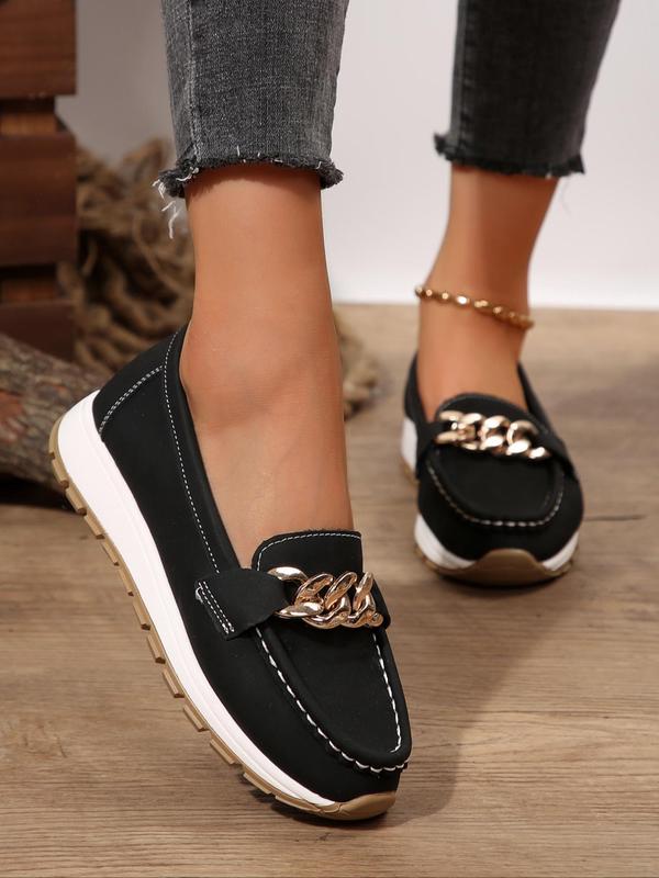 Women's Fashionable Contrast Binding Design Slip on Loafers, Casual Comfortable Chain Decorated Shoes for Fall & Winter, Female All-match Round Toe Shoes for Daily Wear