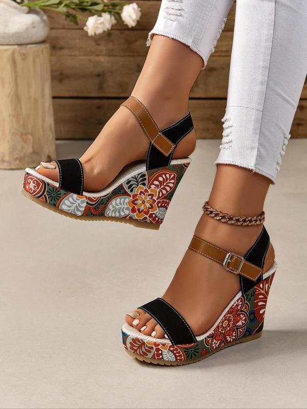 Women's Ethnic Floral Pattern Wedge Sandals, Boho Style Open Toe Platform Sandals for Summer, Fashionablen Buckle Strap Shoes for Daily Wear