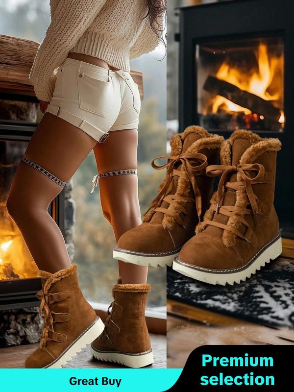 Women's Fashionable Lace Up Plush Lined Snow Boots, Mid-calf Warm Boots for Winter, Fluffy Shoes for Indoor & Outdoor Winter Boots