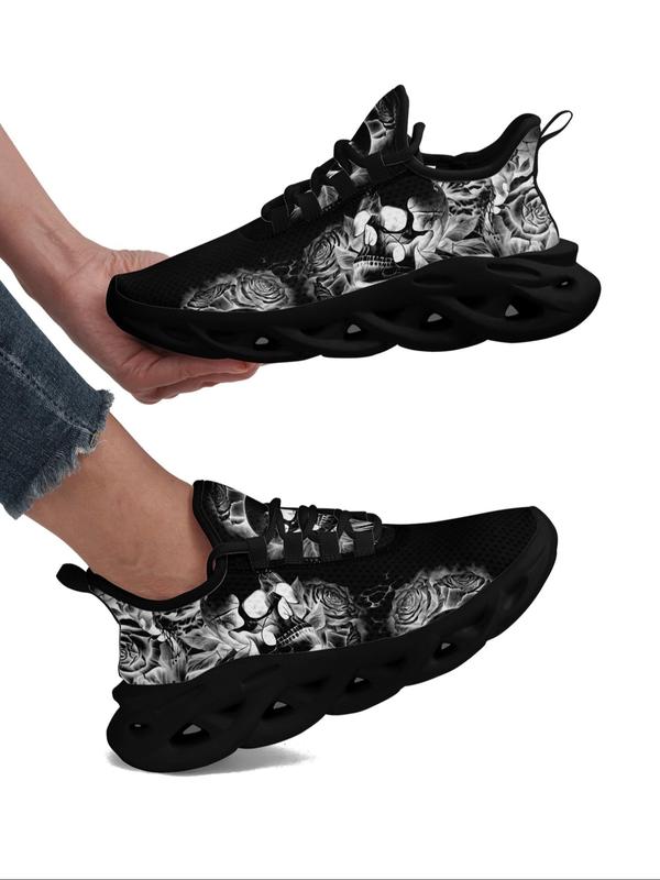 Women's Fashionable Skull & Floral Print Lace Up Low Top Trainer Sneakers, Casual Comfortable Blade Soles Walking Shoes As Gifts, All-match Round Toe Footwear Chunky Sneakers for Daily