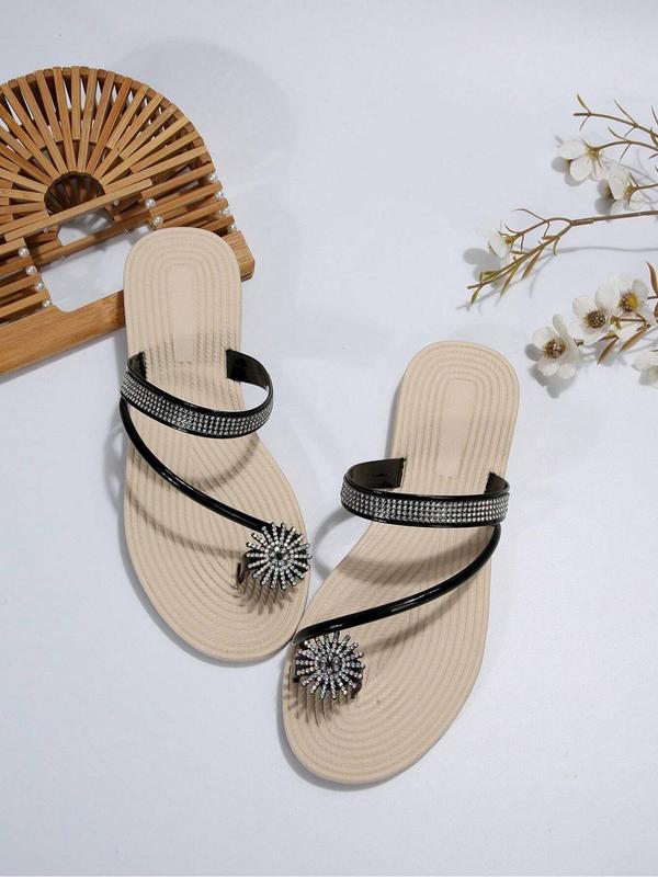 Rhinestone Flower Decorated Toe Ring Flip Flops for Women, New Fashionable Trendy Slide Sandals for Beach, Casual Summer 2024 Matching Shoes for Travel Vacation