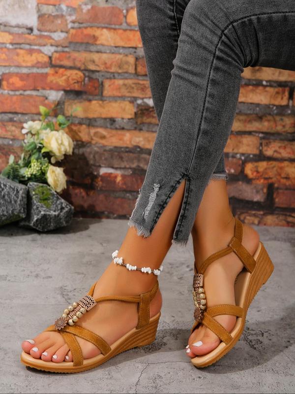 Women's Fashionable Beaded & Flower Decorated Platform Sandals, Casual Boho Style Sandals for Summer, Non-slip Sandals for Beach Vacation