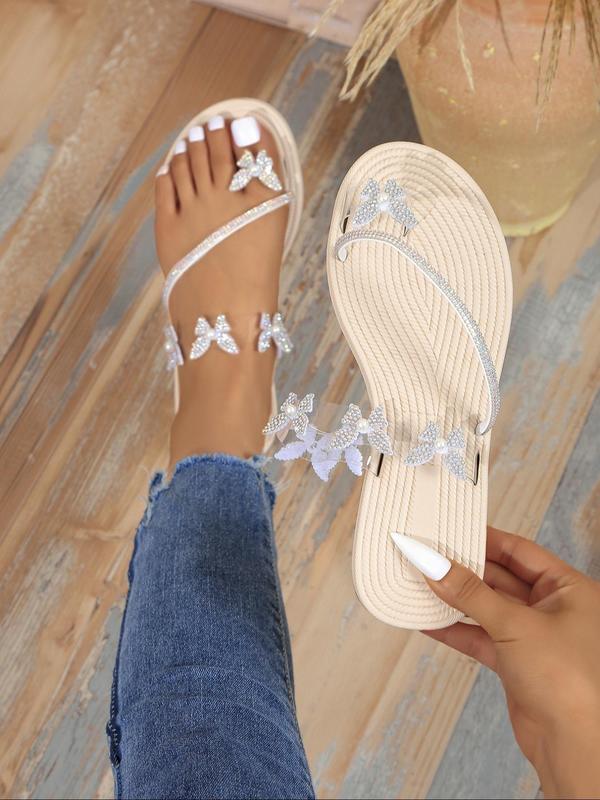 Women's Rhinestone & Faux Pearl Decorated Slip on Sandals, Casual Toe Ring Butterfly Design Flat Sandals for Summer, Lightweight Breathable Comfortable Shoes