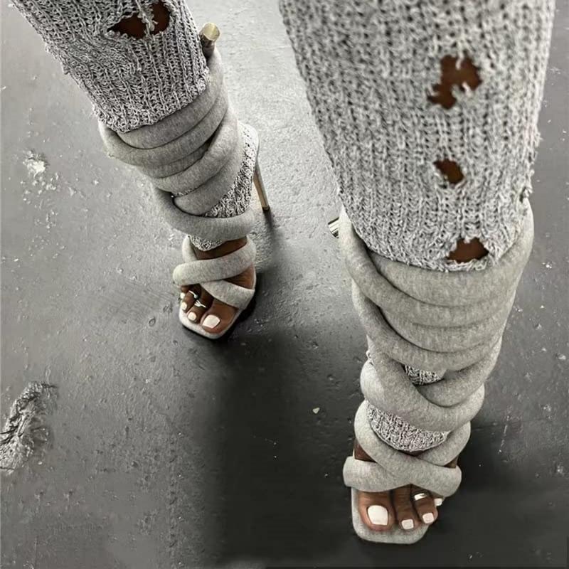 Pasuvo Grey Knit Glamour Strappy Gladiator Sandals with Lace-Up Fallopian Cloth, Open Toe Square Stilettos Ultra-Stylish Plush Wrap-Around Stiletto Heels with Padded Twisted Straps – Cozy, Trendy, and Bold Statement Sandals for Fashion