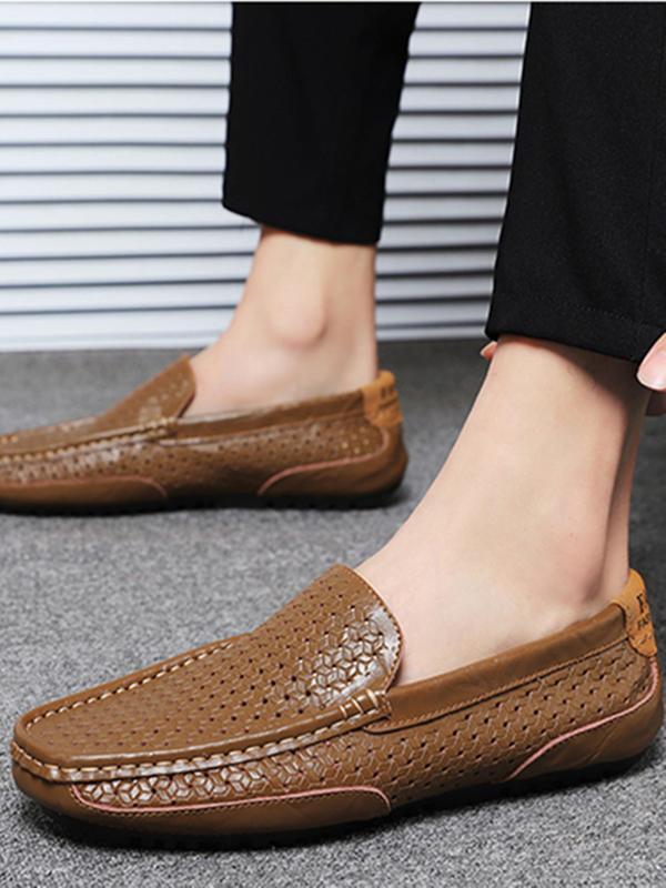 Men's Casual Hollow out Design Slip-on Loafers, Breathable Comfortable Solid Color Boat Shoes for Daily Life, Trendy Ventilate PU Leather Shoes