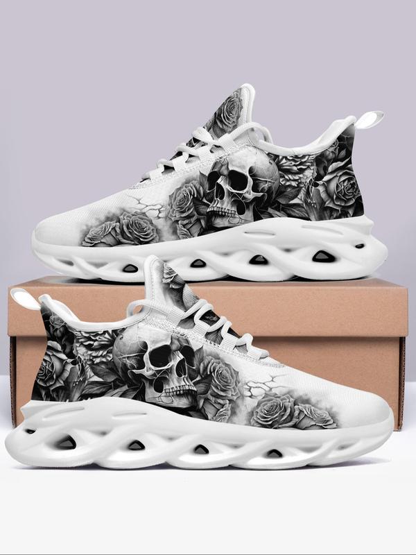 Women's Fashionable Skull & Floral Print Lace Up Low Top Trainer Sneakers, Casual Comfortable Blade Soles Walking Shoes As Gifts, All-match Round Toe Footwear Chunky Sneakers for Daily