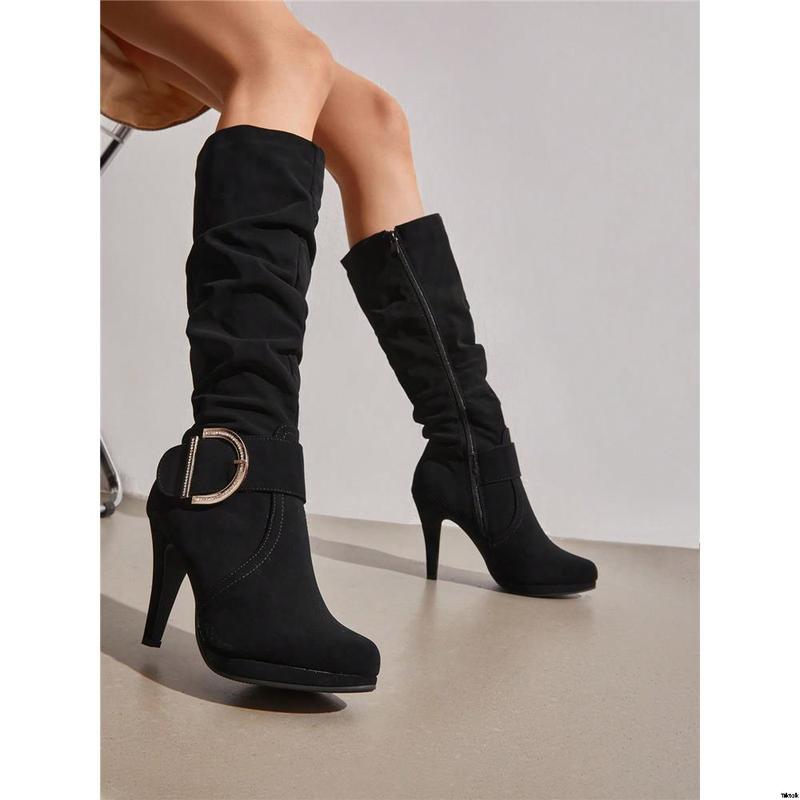 Women's Black Knee High Heel Winter Boots