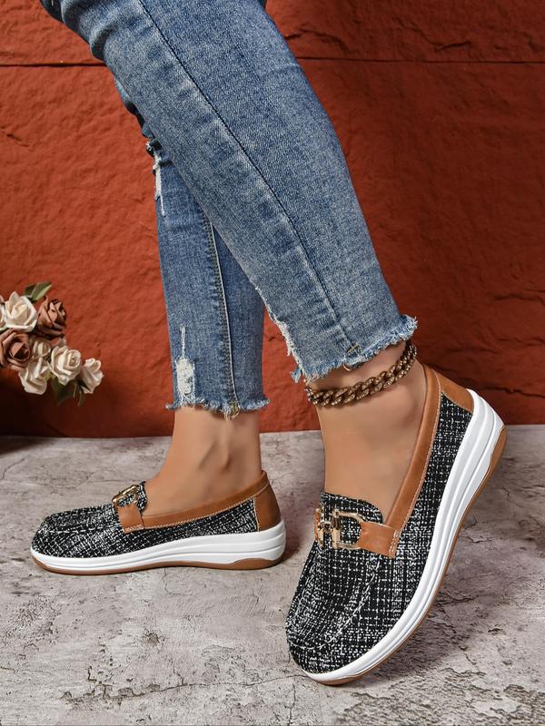 Women's Fashionable Houndstooth Pattern Buckle Design Slip on Loafers, Casual Comfortable Soft Sole Shoes for Daily Wear, Female All-match Round Toe Shoes for Daily Wear